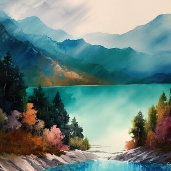 Arts numériques intitulée "Mountains lake #9" par Piotr Alaborski, Œuvre d'art originale, Aquarelle