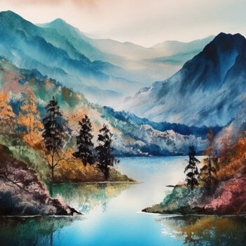 Arts numériques intitulée "Mountains lake #11" par Piotr Alaborski, Œuvre d'art originale, Aquarelle