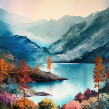 Digital Arts titled "Mountains lake #12" by Piotr Alaborski, Original Artwork, Watercolor