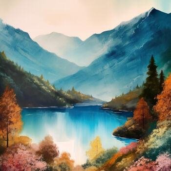 Arts numériques intitulée "Mountains lake #13" par Piotr Alaborski, Œuvre d'art originale, Aquarelle