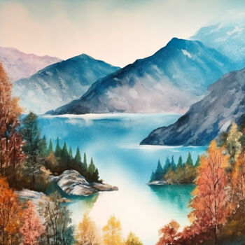 Digital Arts titled "Mountains lake #15" by Piotr Alaborski, Original Artwork, Digital Painting