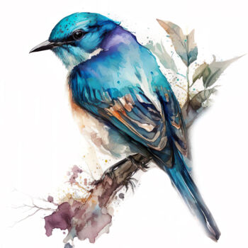 Digital Arts titled "Blue Bird" by Piotr Alaborski, Original Artwork, Watercolor