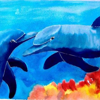 Painting titled "delfines" by Pipo Jost Nicolas, Original Artwork, Watercolor