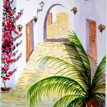 Painting titled "callecita con palme…" by Pipo Jost Nicolas, Original Artwork, Watercolor