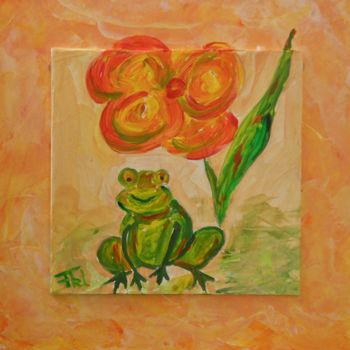 Schilderij getiteld "Froggy à la Fleur" door Piroska Fekete Fkt, Origineel Kunstwerk, Acryl