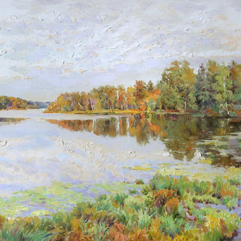 Painting titled "Autumn River Bay" by Piter Lisenko, Original Artwork, Oil
