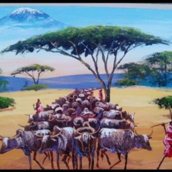 Картина под названием "Maasai life style" - Pio, Подлинное произведение искусства, Масло