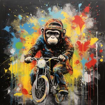 Digitale Kunst getiteld "Monkey riding a bike" door Pixinxt, Origineel Kunstwerk, AI gegenereerde afbeelding