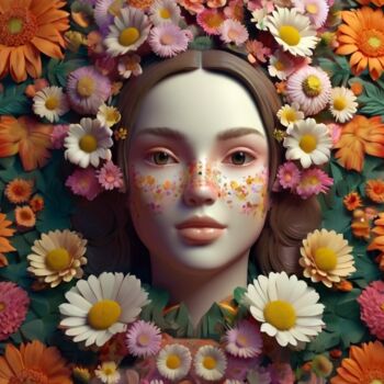 Цифровое искусство под названием "Girl and flowers" - Pixqix, Подлинное произведение искусства, Изображение, сгенерированное…