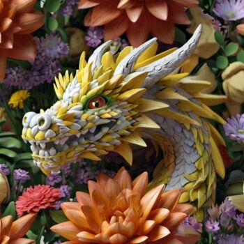 Цифровое искусство под названием "Dragon and flowers" - Pixqix, Подлинное произведение искусства, Изображение, сгенерированн…