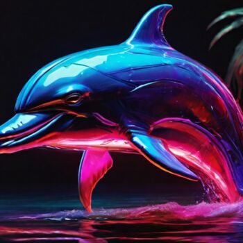 Цифровое искусство под названием "Neon dolphin" - Pixqix, Подлинное произведение искусства, Изображение, сгенерированное ИИ