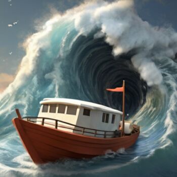 Цифровое искусство под названием "Boat at sea" - Pixqix, Подлинное произведение искусства, Изображение, сгенерированное ИИ