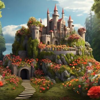 Цифровое искусство под названием "Flower castle" - Pixqix, Подлинное произведение искусства, Изображение, сгенерированное ИИ
