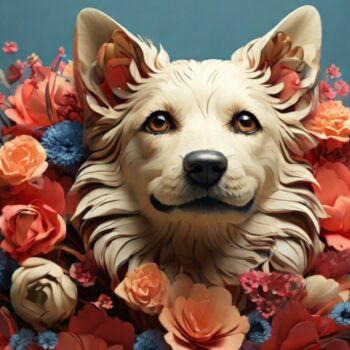 Цифровое искусство под названием "Flower dog" - Pixqix, Подлинное произведение искусства, Изображение, сгенерированное ИИ