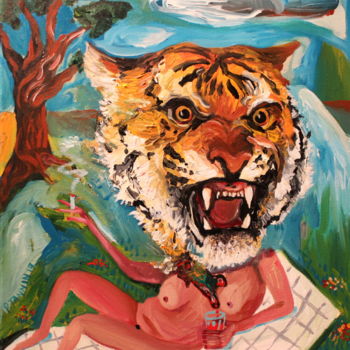 Malarstwo zatytułowany „Tigre dévorant mada…” autorstwa Patrick Jannin, Oryginalna praca, Akryl Zamontowany na Drewniana ram…