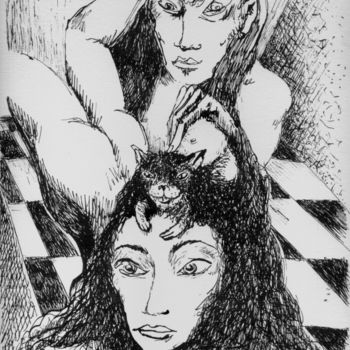 Disegno intitolato "Un chat dans la tête" da Patrick Jannin, Opera d'arte originale, Inchiostro