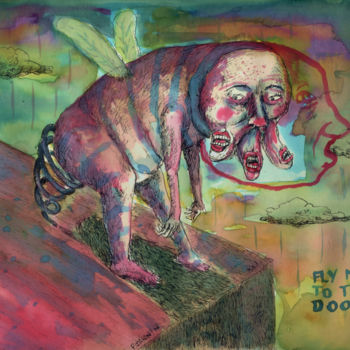 Dessin intitulée "Fly Me To The Doom" par Patrick Jannin, Œuvre d'art originale, Encre