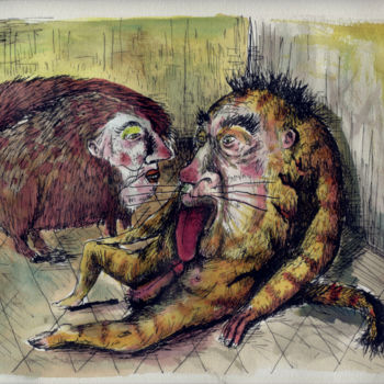 Disegno intitolato "Ma langue au chat" da Patrick Jannin, Opera d'arte originale, Inchiostro