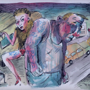 Drawing titled "Les tatoués" by Patrick Jannin, Original Artwork, Ink