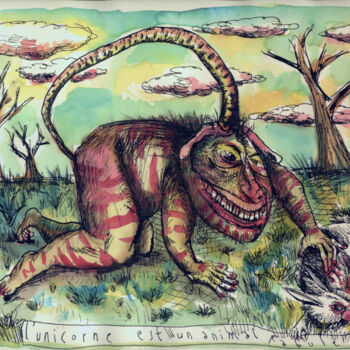 Desenho intitulada "L'unicorne est un a…" por Patrick Jannin, Obras de arte originais, Tinta