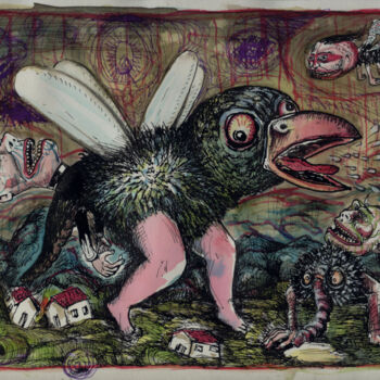 Dessin intitulée "Oiseau mouche" par Patrick Jannin, Œuvre d'art originale, Encre