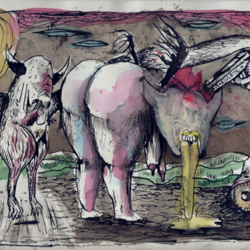 Desenho intitulada "Les chasseurs de pe…" por Patrick Jannin, Obras de arte originais, Tinta