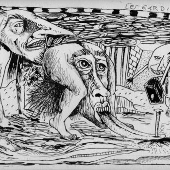 Disegno intitolato "Les gardiens du zoo…" da Patrick Jannin, Opera d'arte originale, Inchiostro