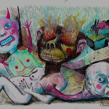 Dessin intitulée "Un singe en été" par Patrick Jannin, Œuvre d'art originale, Encre