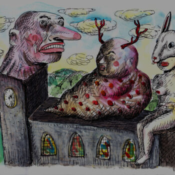 Dessin intitulée "3 gargouilles gargo…" par Patrick Jannin, Œuvre d'art originale, Encre