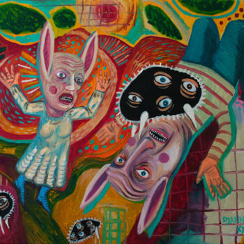 Malarstwo zatytułowany „Ouste vilain chien !” autorstwa Patrick Jannin, Oryginalna praca, Akryl Zamontowany na Drewniana ram…