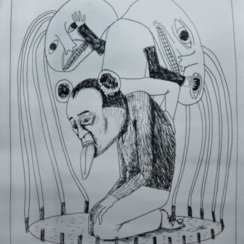 Dessin intitulée "La cage" par Patrick Jannin, Œuvre d'art originale, Encre
