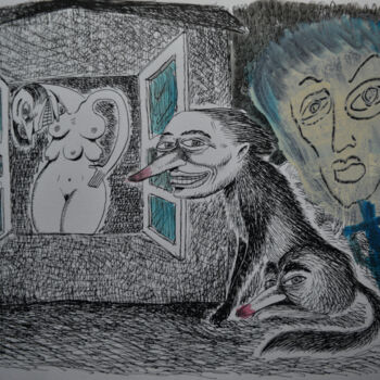 Drawing titled "Voyou et son voyeur…" by Patrick Jannin, Original Artwork, Ink