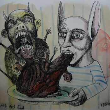 Zeichnungen mit dem Titel "Devil's fast food" von Patrick Jannin, Original-Kunstwerk, Tinte