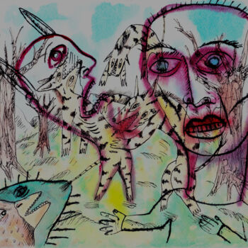 Dessin intitulée "La chasse" par Patrick Jannin, Œuvre d'art originale, Encre