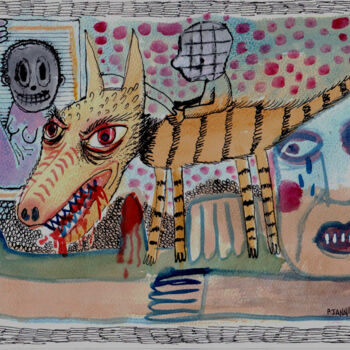 Dessin intitulée "Hyène mécanique" par Patrick Jannin, Œuvre d'art originale, Encre