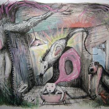 Рисунок под названием "Un cheval dans la s…" - Patrick Jannin, Подлинное произведение искусства, Чернила