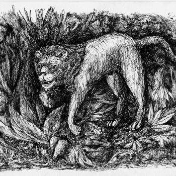 Σχέδιο με τίτλο "Lion - L'heure du c…" από Patrick Jannin, Αυθεντικά έργα τέχνης, Μελάνι