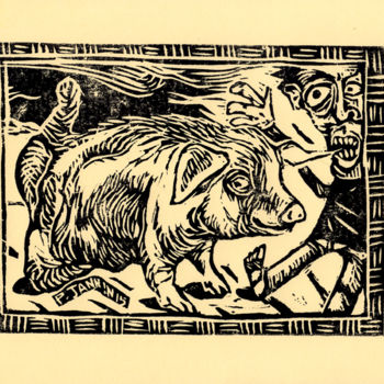 Prenten & gravures getiteld "EAT PIG" door Patrick Jannin, Origineel Kunstwerk, Linosnede