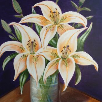 Pintura titulada "Lilies in vase, Oil…" por Plakhotnyk Nataliia, Obra de arte original, Oleo