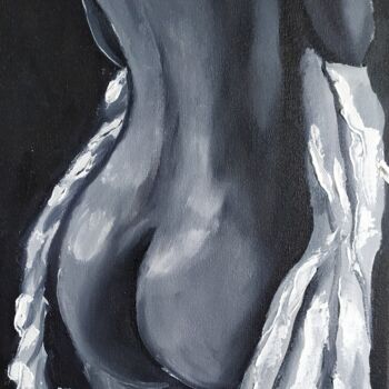 First time, small nude erotic oil painting, black and white