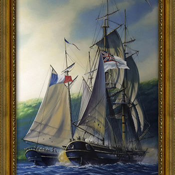 Painting titled "Battle in Caribean" by Pascal Lampecco, Original Artwork, Acrylic Mounted on Wood Stretcher frame