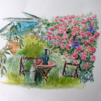 Peinture intitulée "Sous le rosier" par Bernadette Grelier, Œuvre d'art originale, Aquarelle