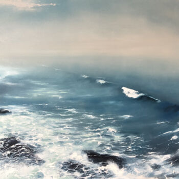 Painting titled "Fog in the ocean oi…" by Polina Kupriianova, Original Artwork, Oil Mounted on Wood Stretcher frame