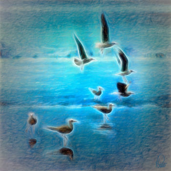 Photography titled "Seagulls on the bea…" by Plinio Carvajal, Original Artwork, Manipulated Photography