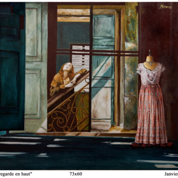 Schilderij getiteld "Elle regarde en haut" door Plumerand Frédéric, Origineel Kunstwerk, Olie Gemonteerd op Frame voor houte…