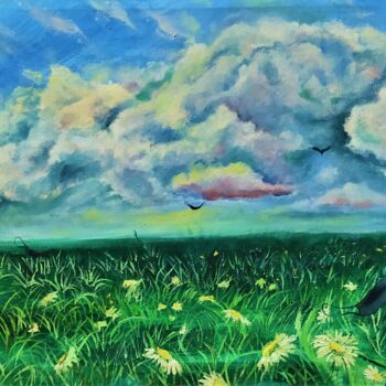 Painting titled "chamomile field oil…" by Prosto Nastasya, Original Artwork, Oil