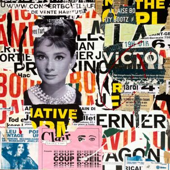 Collages getiteld "Audrey" door Podkol, Origineel Kunstwerk, Collages Gemonteerd op Frame voor houten brancard