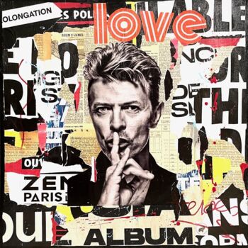 Collages titled "Bowie Glam Rock" by Podkol, Original Artwork, Collages Mounted on Wood Stretcher frame