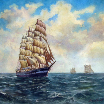 Pintura intitulada "Bark "Krusenshtern"" por Vasiliy Pohomov, Obras de arte originais, Aquarela