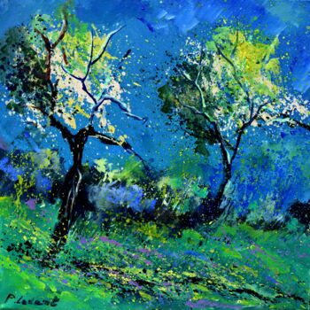 Painting titled "Two trees in spring…" by Pol Ledent, Original Artwork, Oil Mounted on Wood Stretcher frame
